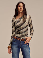 Semi-Sheer Mesh Asymmetric Ruched Blouse