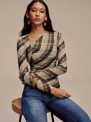 Semi-Sheer Mesh Asymmetric Ruched Blouse