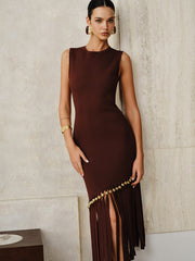 Asymmetric Fringe Metal Bead Detail Maxi Dress