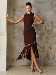 Asymmetric Fringe Metal Bead Detail Maxi Dress