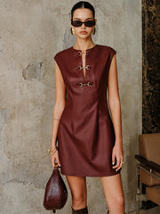 PU Leather Metal Buckle Sleeveless Mini Dress