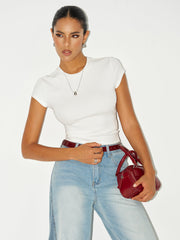 Ribbed Crew Neck Short Sleeve Cotton-Blend Top