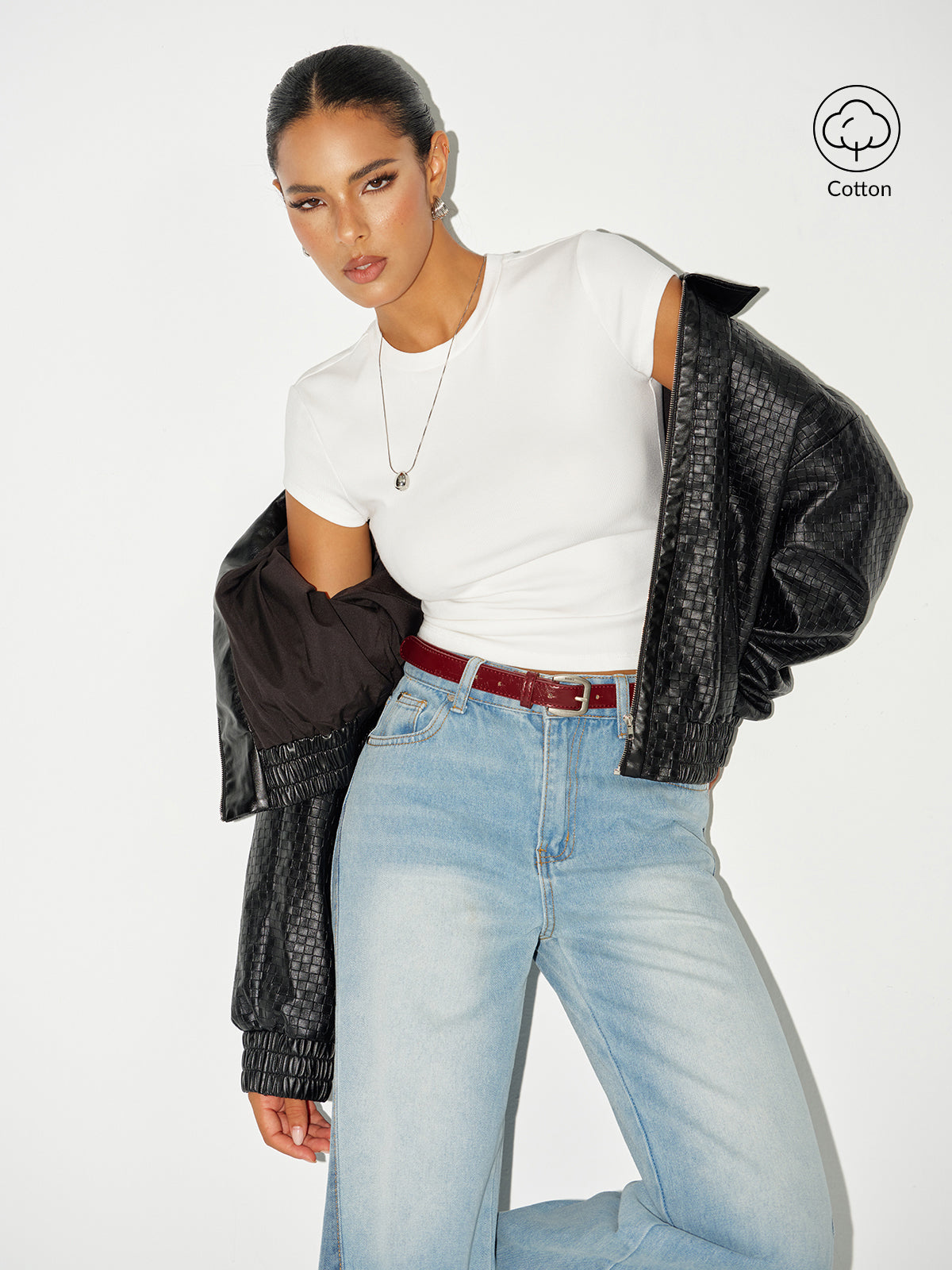 Ribbed Crew Neck Short Sleeve Cotton-Blend Top