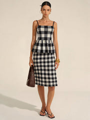 Checkered Cami Peplum Top and Skirt Set