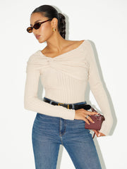 Asymmetric Twist-Front Ribbed Knit Top
