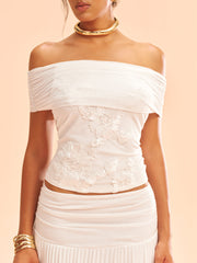 Mesh Off-Shoulder Floral Applique Blouse