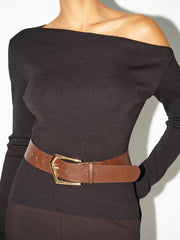Off-Shoulder Long-Sleeve Knit Top with Belt