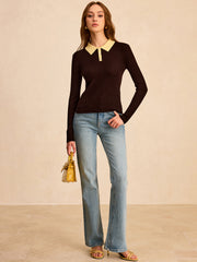 Contrast Collar Wool Blend Polo Knit Top
