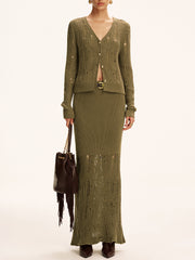 Metal Button Openwork Knit Skirt Set