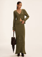 Metal Button Openwork Knit Skirt Set