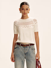 Short-Sleeve Eyelet Knit Sweater