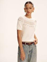 Short-Sleeve Eyelet Knit Sweater