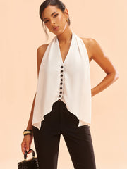 Color-Block Halter Neck Backless Button Top