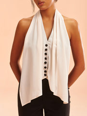 Color-Block Halter Neck Backless Button Top