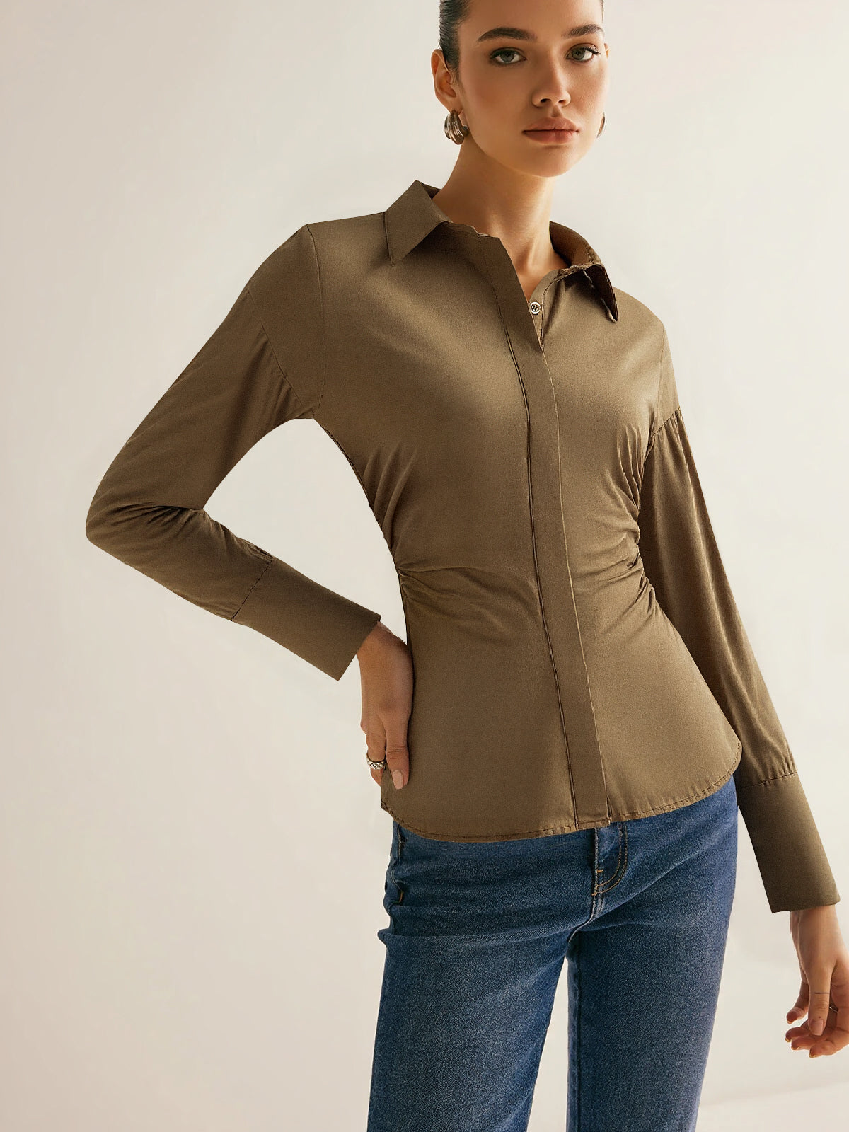 Cotton Blend Ruched Long Sleeve Shirt
