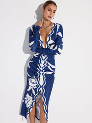 Printed Plunge Neck Slit Midi Dress
