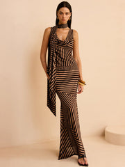 Striped Draped Neckline Skirt Set