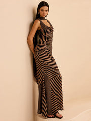 Striped Draped Neckline Skirt Set