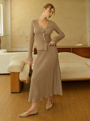 Textured Knit Cardigan and Midi Skirt Set