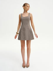 Houndstooth Square-Neck Pleated Mini Dress