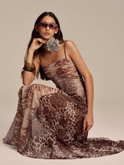 Animal Print Panel Semi-Sheer Mesh Maxi Dress