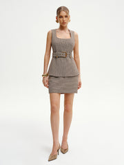 Belted Houndstooth Square-Neck Vest