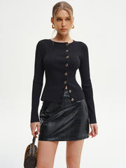 Metal Button Ribbed Knit Cardigan