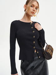 Metal Button Ribbed Knit Cardigan