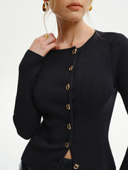 Metal Button Ribbed Knit Cardigan