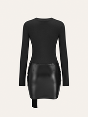 Faux Leather Paneled Knit Long Sleeve Mini Dress