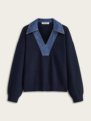 Denim Collar V-Neck Sweater