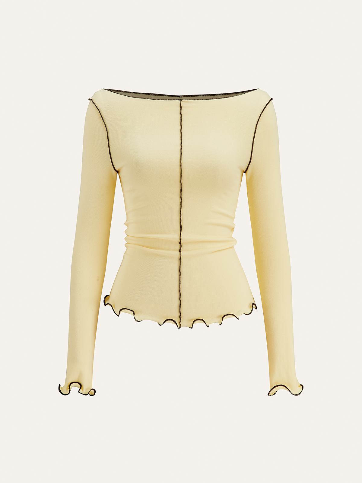 Long Sleeve Contrast Trim Ruffled T-Shirt