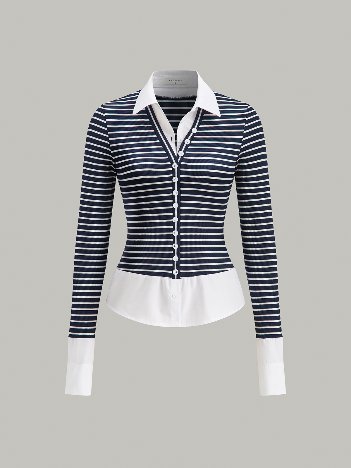 2 in 1 Striped Ribbed Paneled Long-Sleeve Blouse