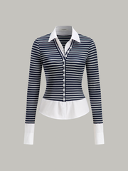 2 in 1 Striped Ribbed Paneled Long-Sleeve Blouse