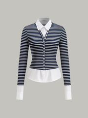 2 in 1 Striped Ribbed Paneled Long-Sleeve Blouse
