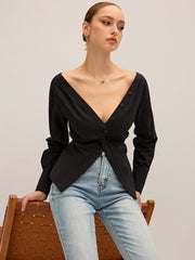Twisted Front Deep V-Neck Shirt