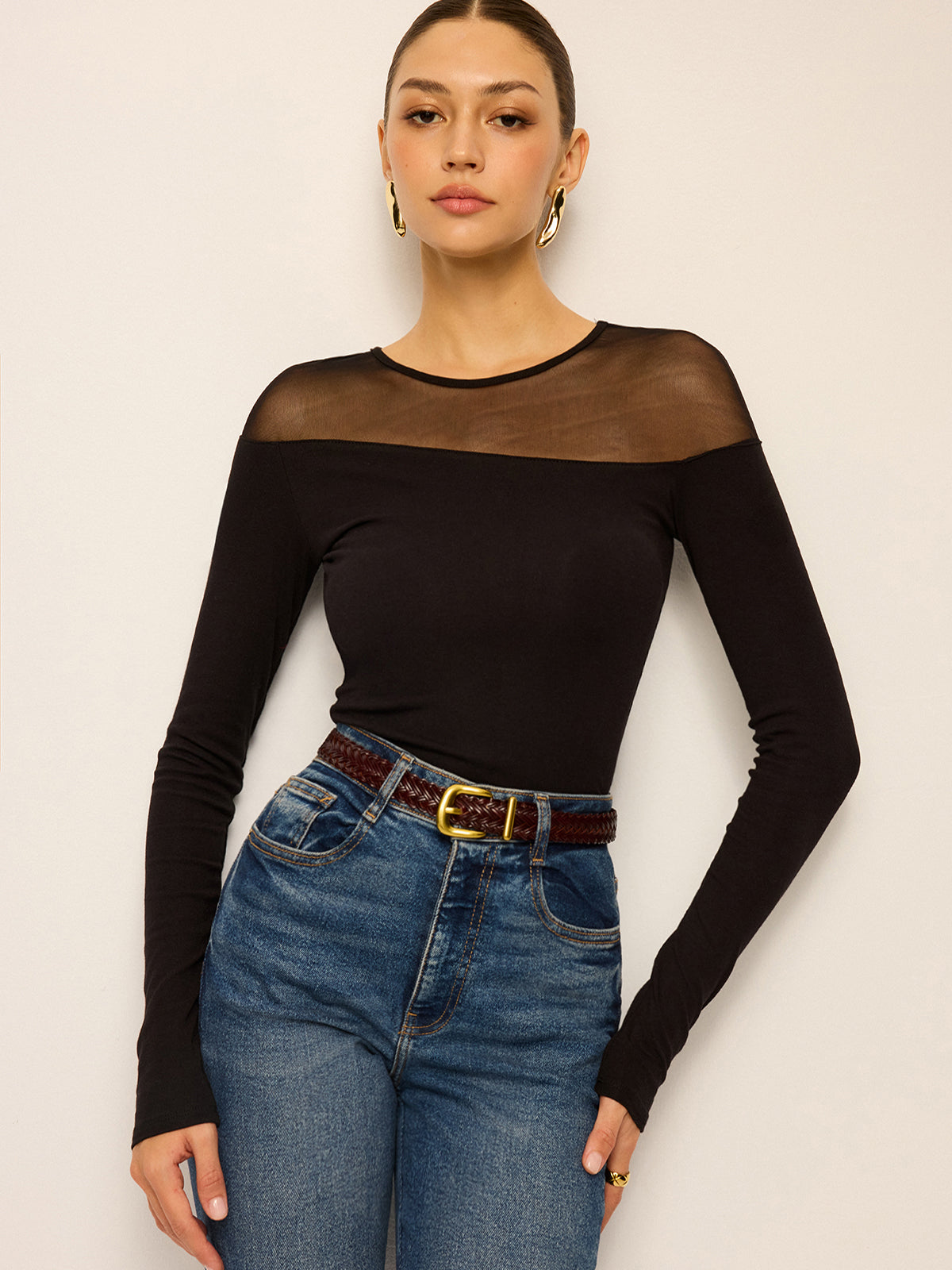 Sheer-Paneled Long-Sleeve Top