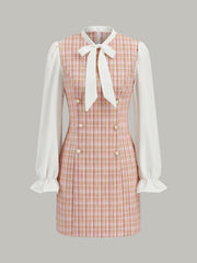 Bow Neckline Tweed Paneled Mini Dress