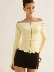 Long Sleeve Contrast Trim Ruffled T-Shirt