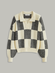 Checkered Wool Blend Polo Knit Top