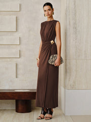 Metal Buckle Sleeveless Ruched Maxi Dress
