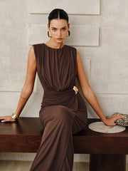 Metal Buckle Sleeveless Ruched Maxi Dress