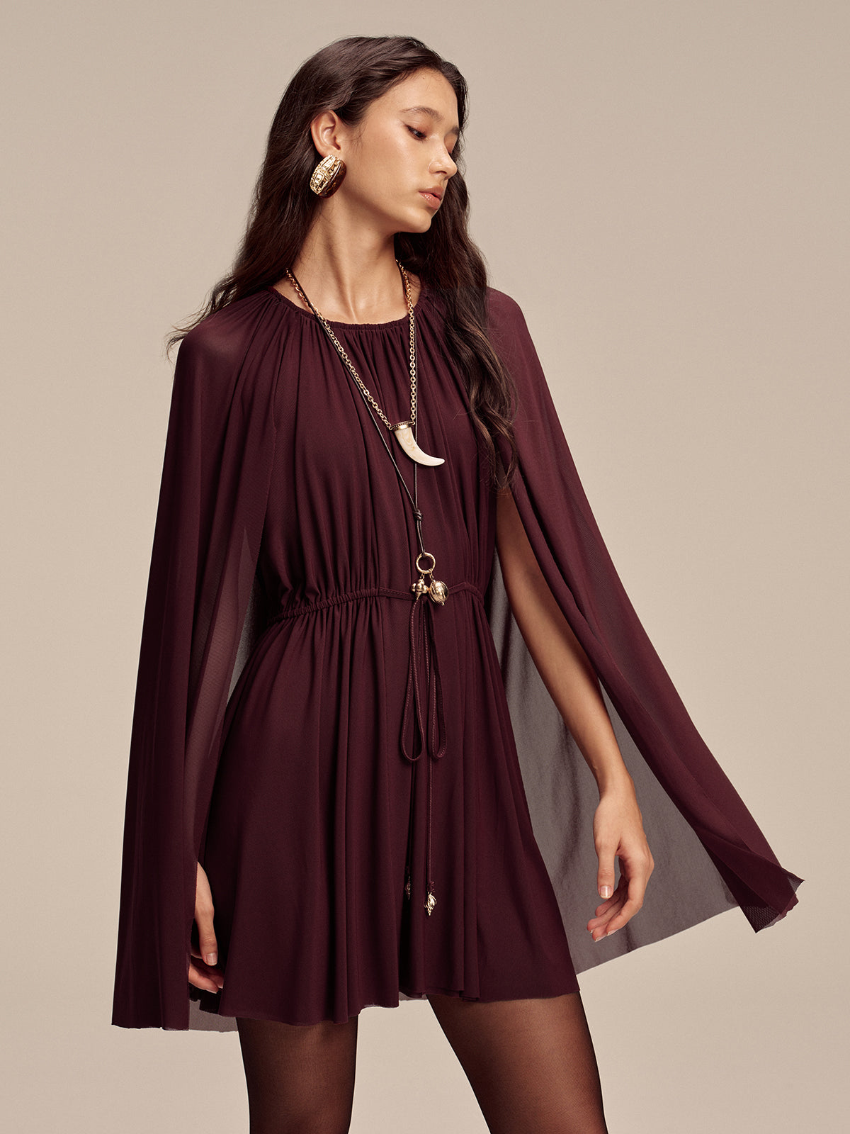 Mesh Cape Sleeve Tie-Waist Mini Dress