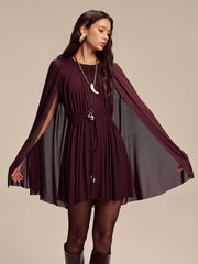 Mesh Cape Sleeve Tie-Waist Mini Dress