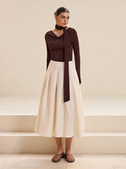 Asymmetric Neck Tie Detail Long-Sleeve T-Shirt