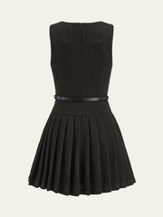 Tweed Sleeveless Pleated Mini Dress with Belt