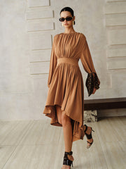 Long-Sleeve Pleated Asymmetric Midi Dress