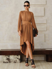 Long-Sleeve Pleated Asymmetric Midi Dress