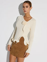 3D Floral Ruffled Hem Knit Top