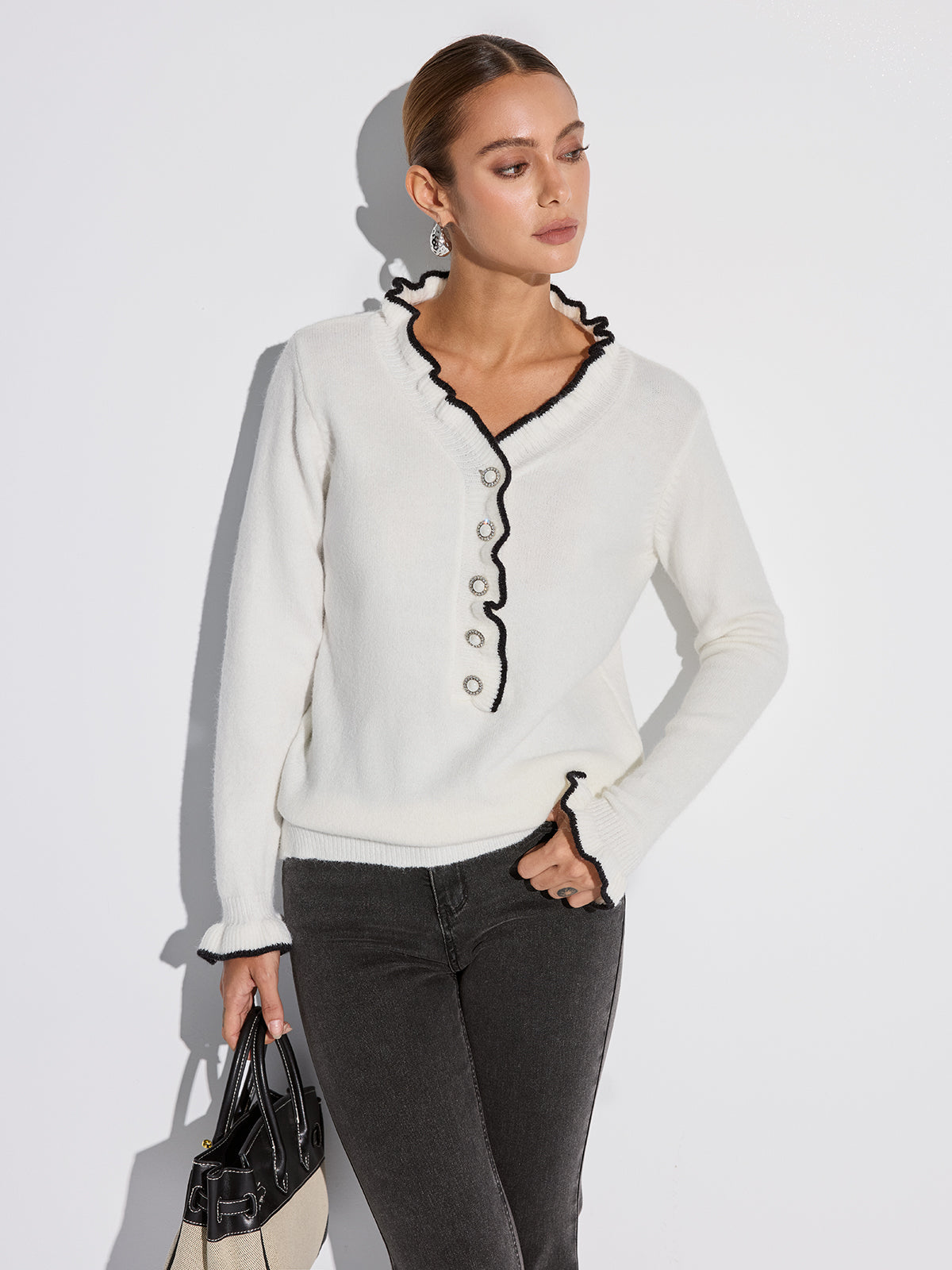 Contrast Ruffle Trim Button Sweater
